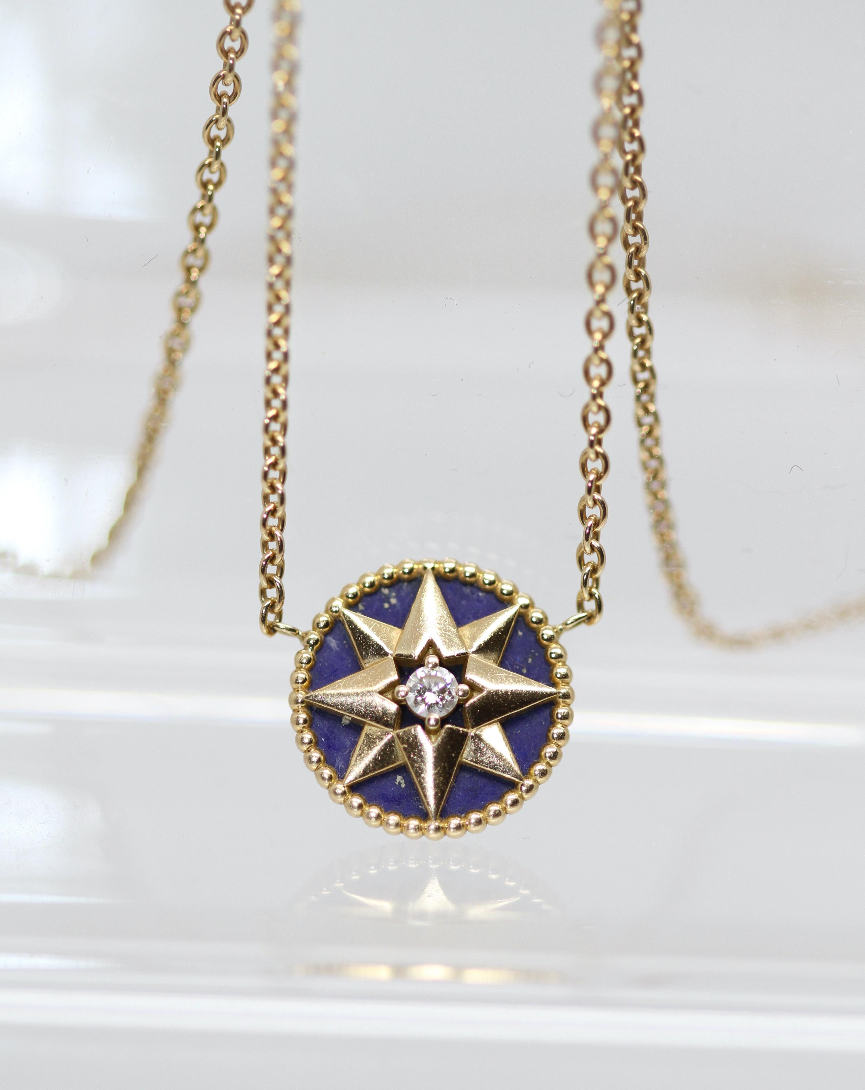 Christian Dior 18K Yellow Gold Diamond Lapis Lazuli Rose Des Vents Necklace