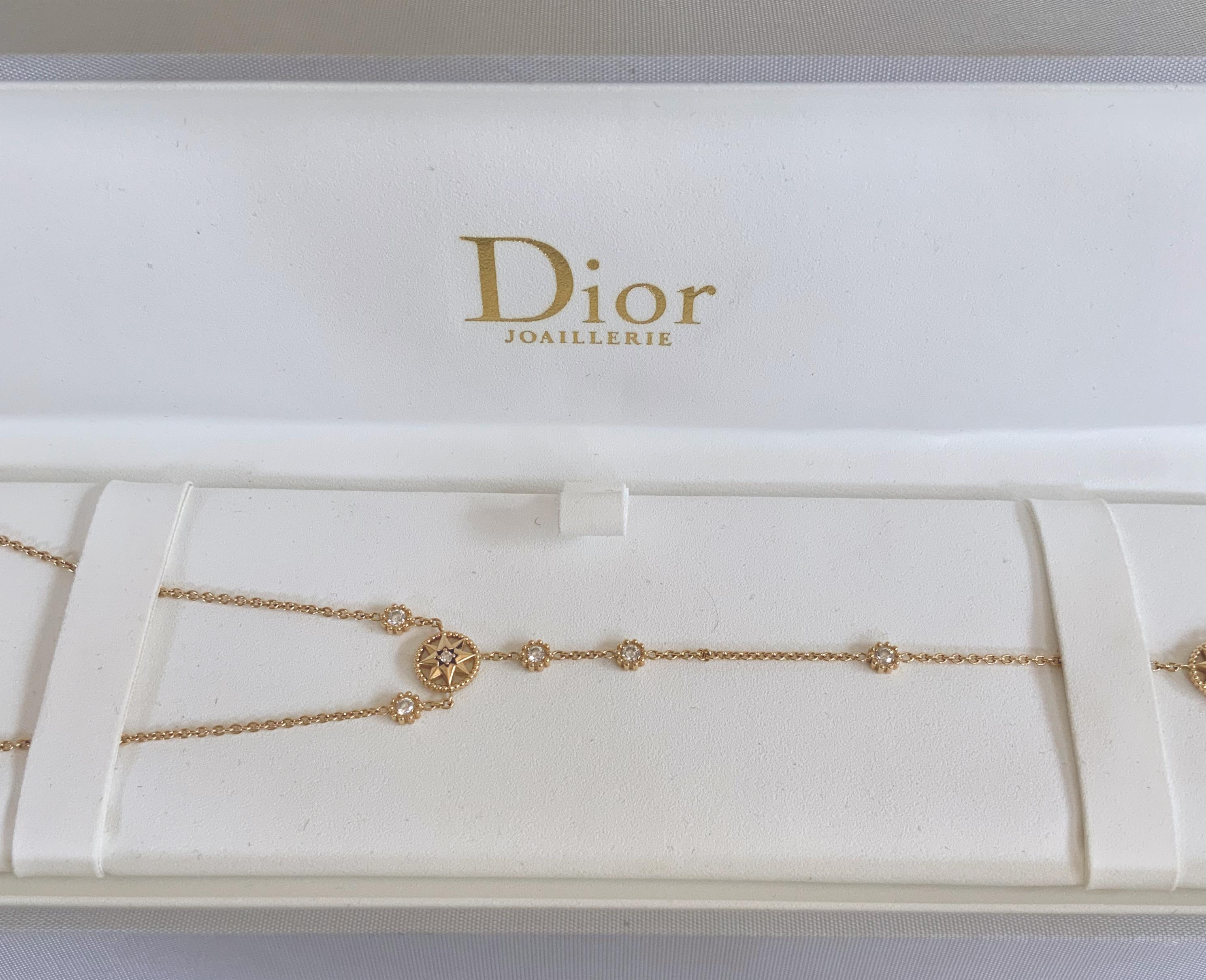 Beautiful and delicate bracelet form the Collection Rose des Vents. 
Victoire de Castellane reinterprets Monsieur Dior's lucky star in the form of a wind rose with an eight-pointed star design. 
The medallions are reversible and can be worn on the