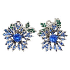 Christian Dior 1950s Kramer Blue Green Sapphire Emerald Crystals Flower Earrings