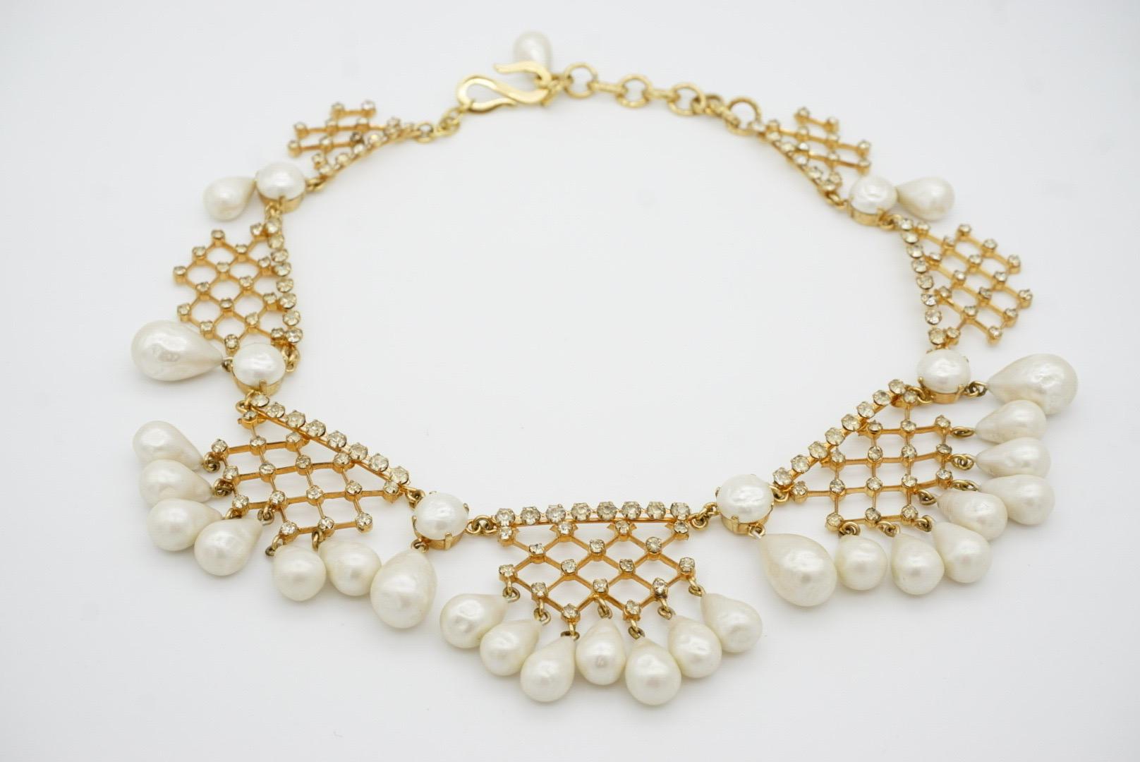 Christian Dior 1950 Vintage Bib Tear Drop Perle Cristalli Collana in pizzo a rete in vendita 7
