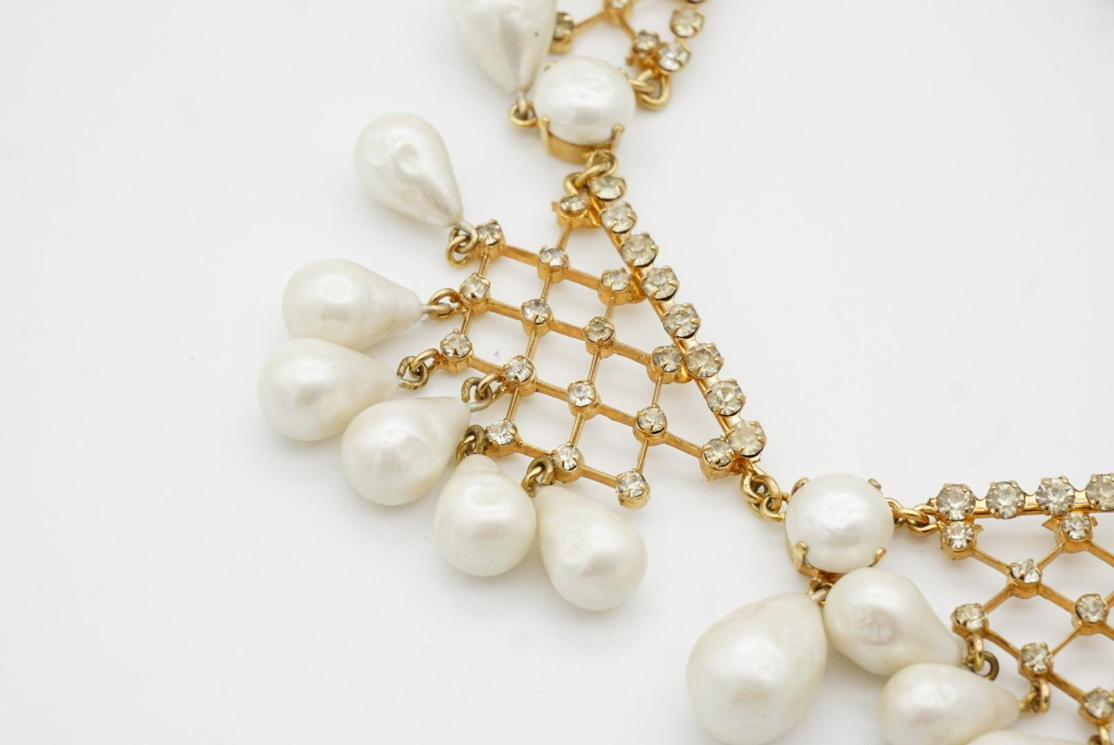 Christian Dior 1950 Vintage Bib Tear Drop Perle Cristalli Collana in pizzo a rete in vendita 10