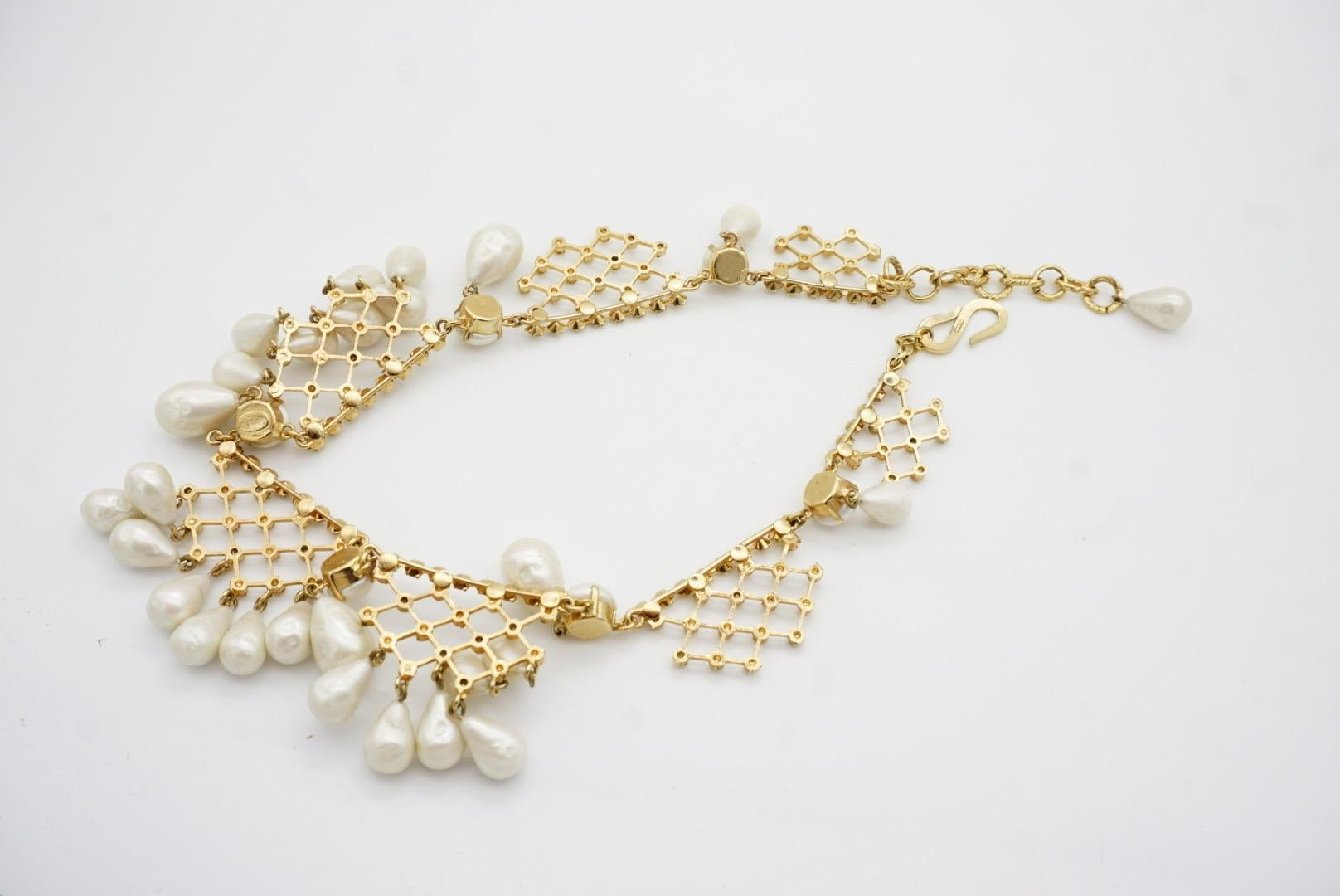 Christian Dior 1950 Vintage Bib Tear Drop Perle Cristalli Collana in pizzo a rete in vendita 14