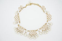 Christian Dior 1950s Vintage Bib Tear Drop Pearls Crystals Netted Lace Necklace