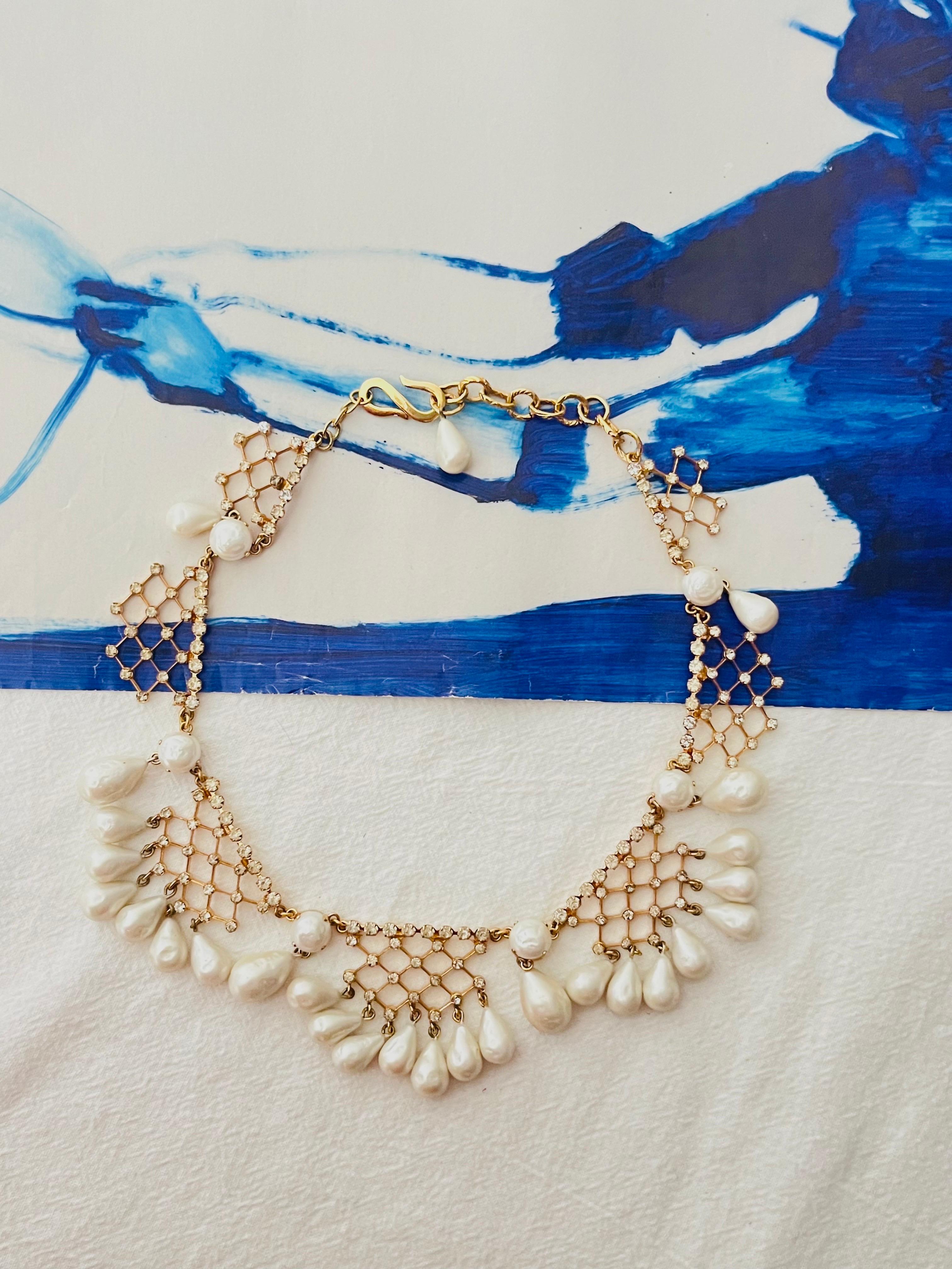 Christian Dior 1950 Vintage Bib Tear Drop Perle Cristalli Collana in pizzo a rete In condizioni buone in vendita a Wokingham, England