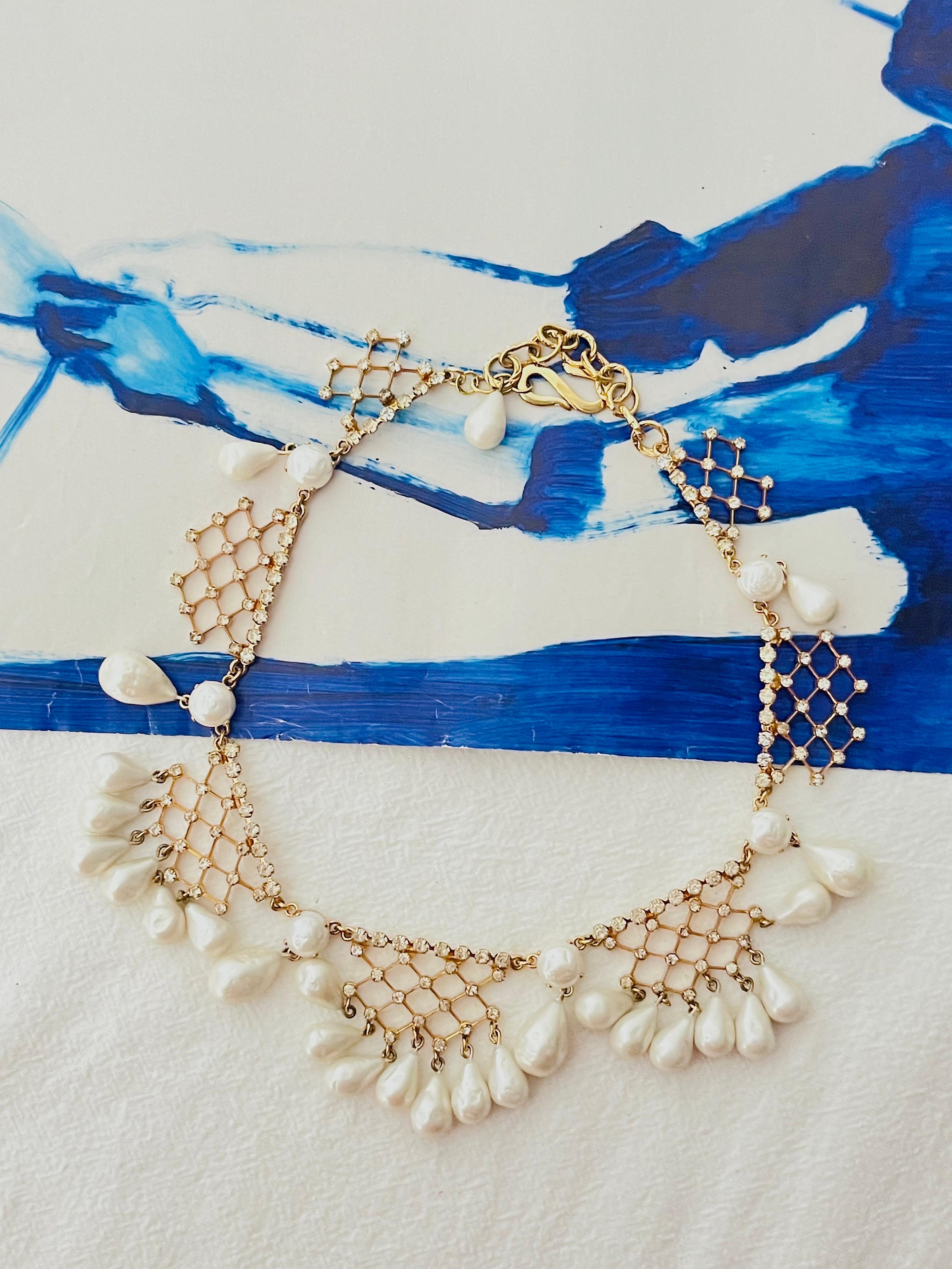 Christian Dior 1950 Vintage Bib Tear Drop Perle Cristalli Collana in pizzo a rete in vendita 1