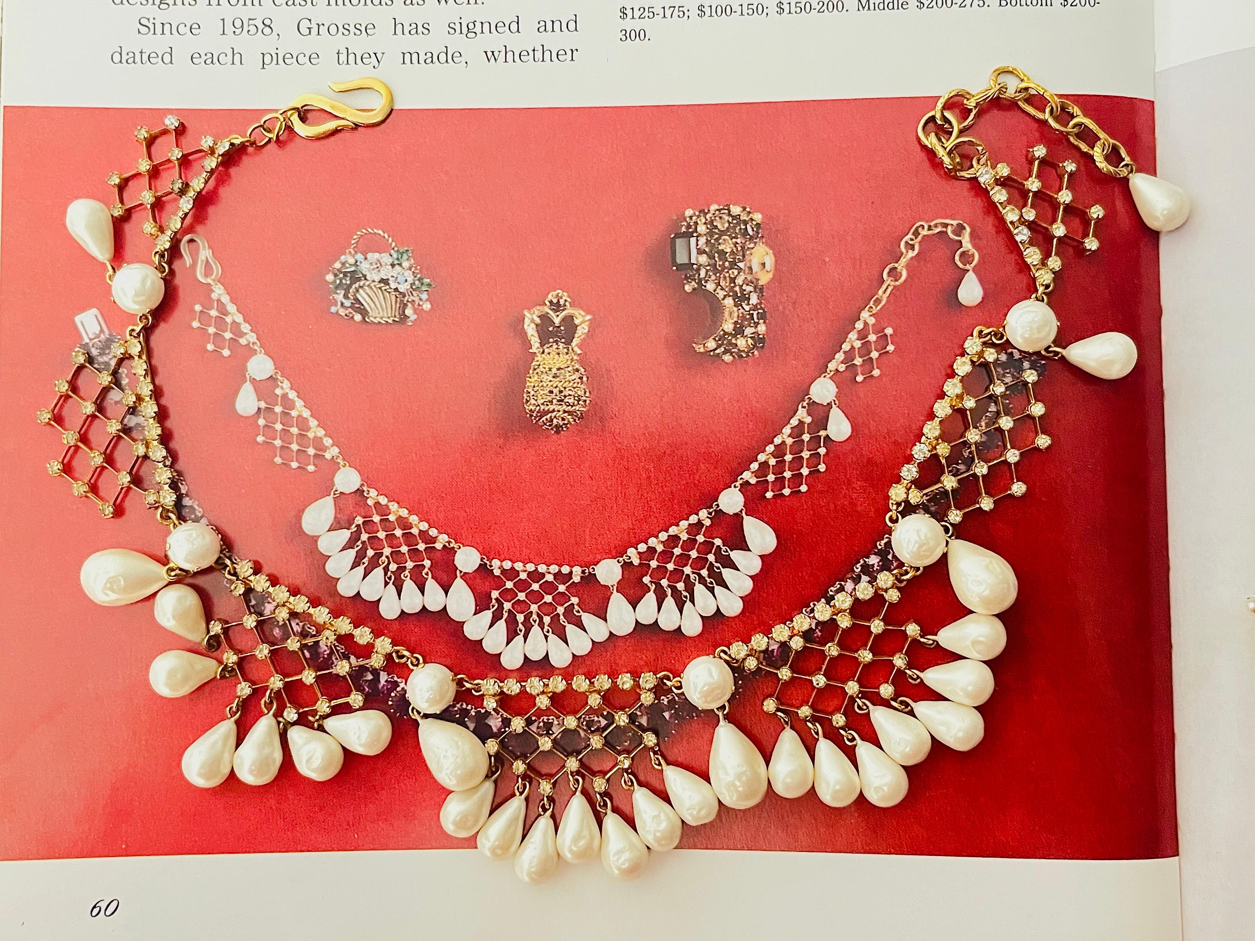 Christian Dior 1950 Vintage Bib Tear Drop Perle Cristalli Collana in pizzo a rete in vendita 2