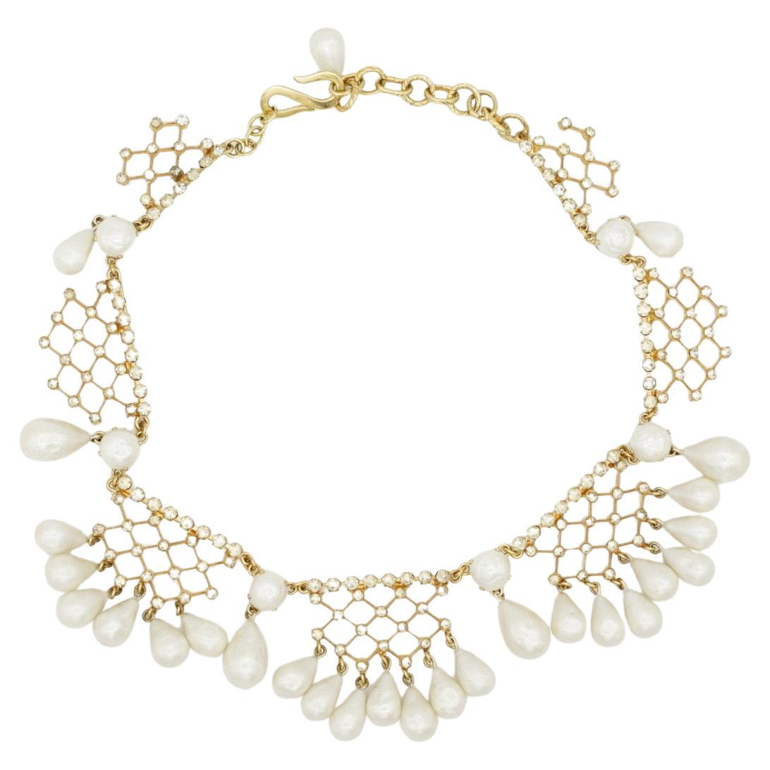Christian Dior 1950 Vintage Bib Tear Drop Perle Cristalli Collana in pizzo a rete
