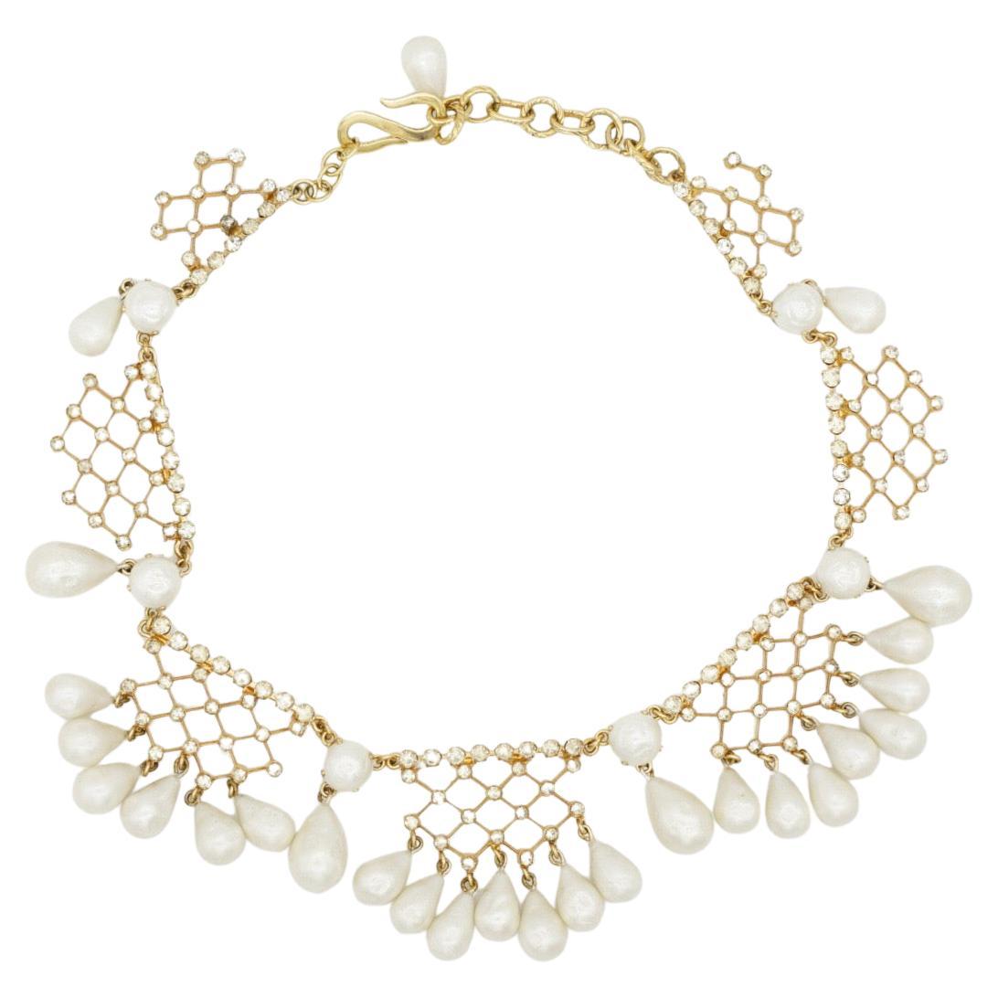 Christian Dior Vintage 1950s Bib Tear Drop Pearls Crystals Netted Lace Necklace en vente