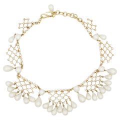 Christian Dior 1950 Vintage Bib Tear Drop Perle Cristalli Collana in pizzo a rete