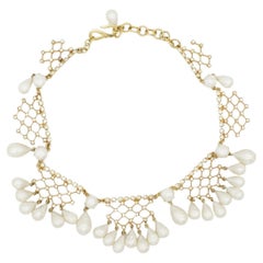 Christian Dior 1950s Vintage Pearls Crystals Bib Tear Drop Netted Lace Necklace
