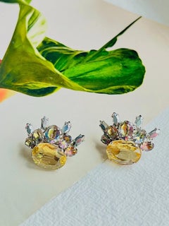 Christian Dior 1958 Floral Iridescent Citrine Crystals Marquise Oval Earrings