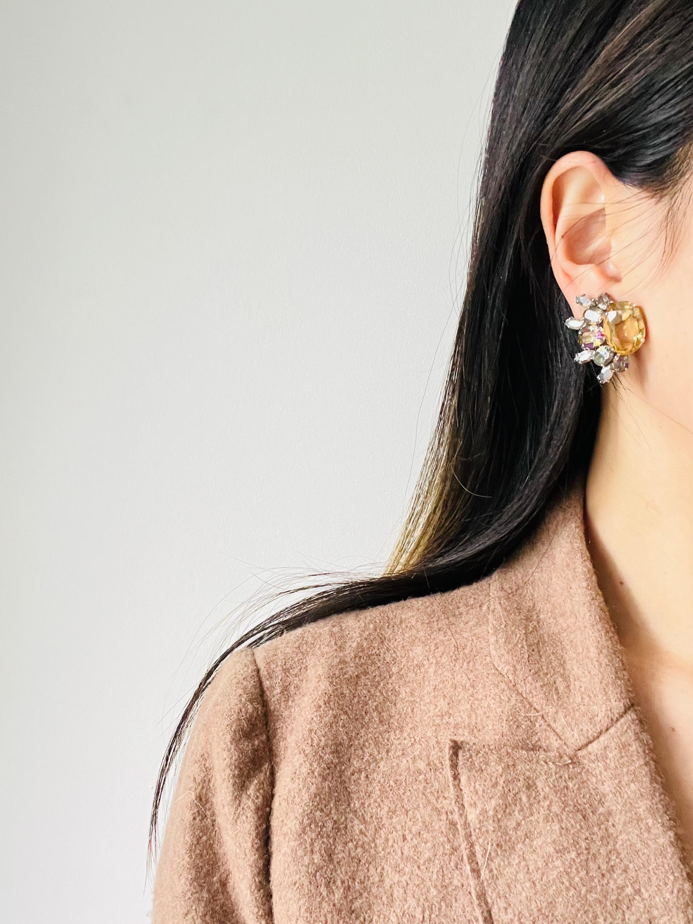 Christian Dior 1958 Floral Iridescent Citrine Crystals Marquise Oval Earrings For Sale 2