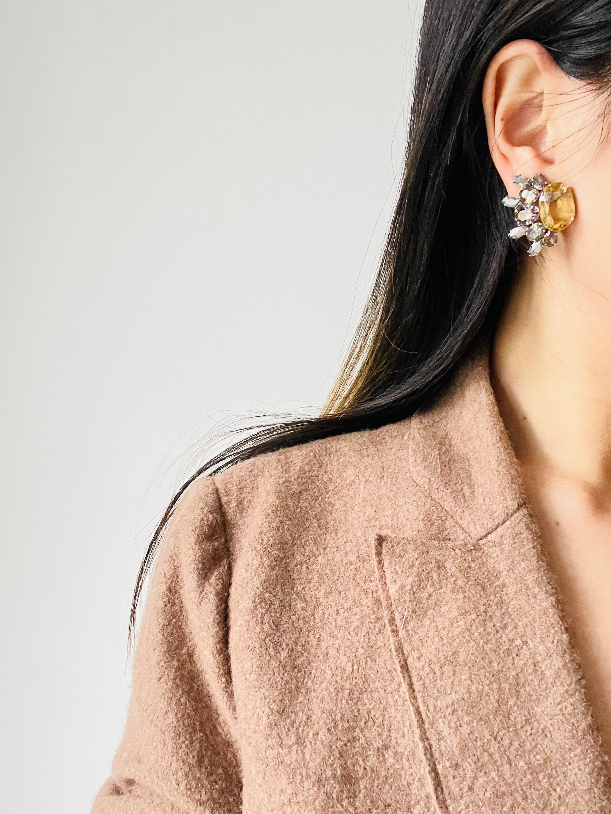 Christian Dior 1958 Floral Iridescent Citrine Crystals Marquise Oval Earrings For Sale 3