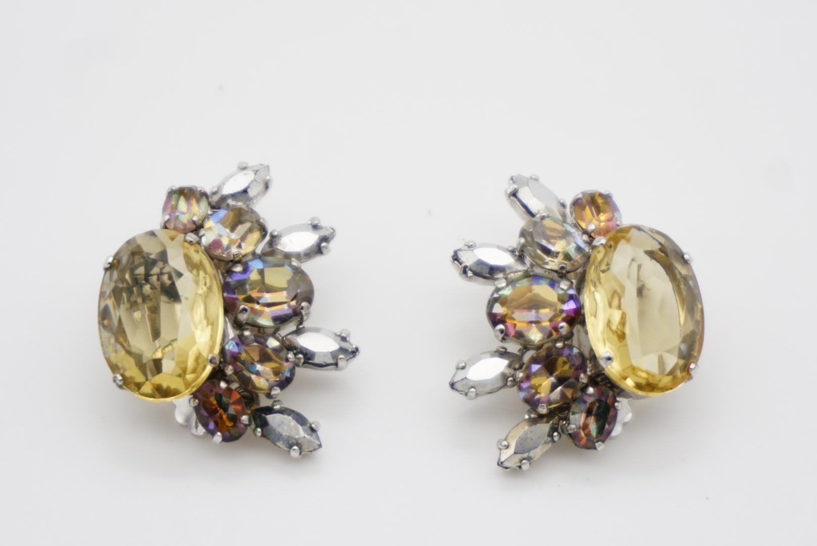 Christian Dior 1958 Floral Iridescent Citrine Crystals Marquise Oval Earrings For Sale 4