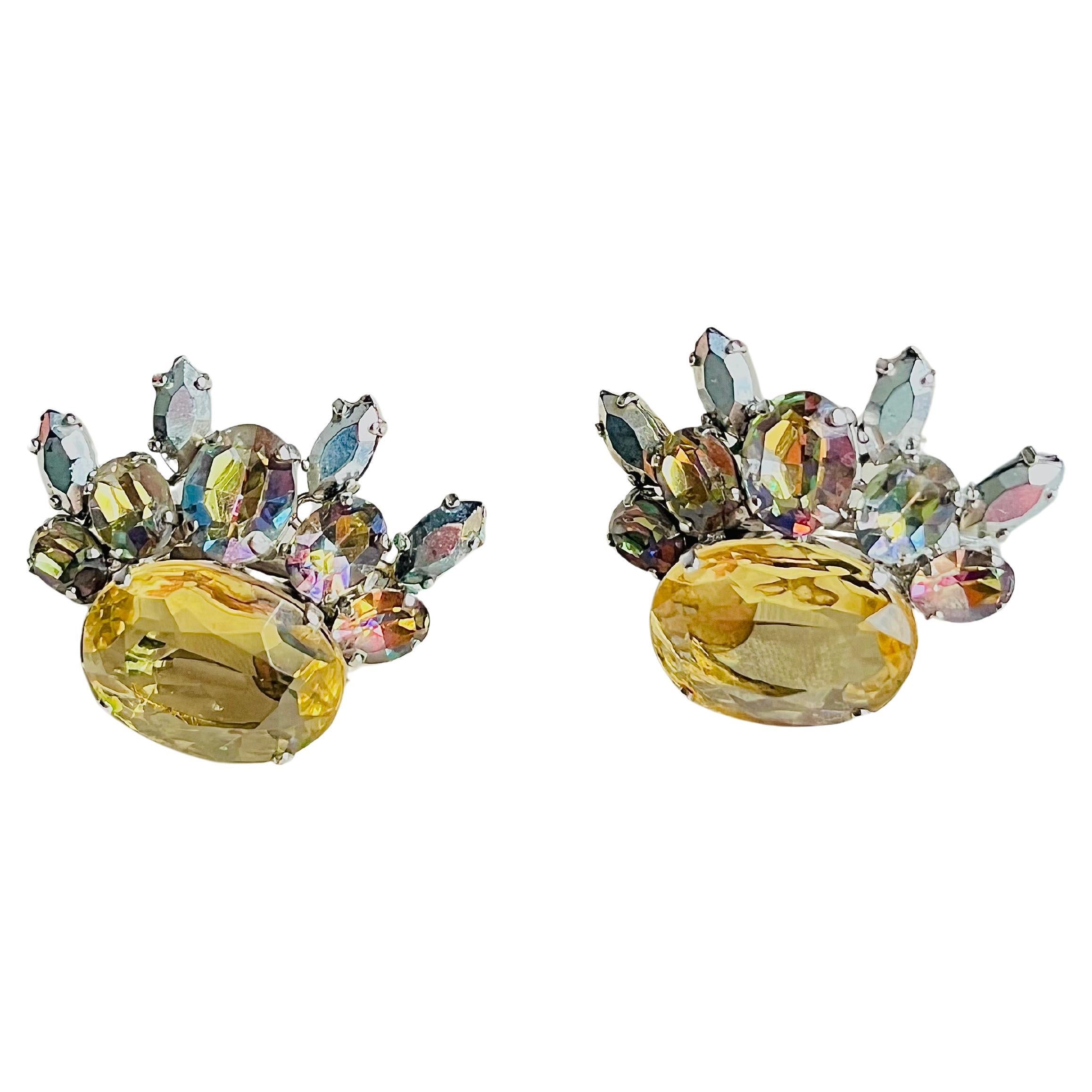 Christian Dior 1958 Floral Iridescent Citrine Crystals Marquise Oval Earrings For Sale