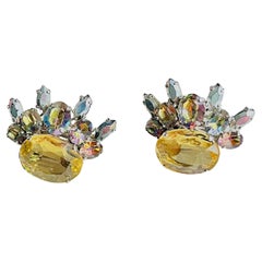 Christian Dior 1958 Floral Iridescent Citrine Crystals Marquise Oval Earrings