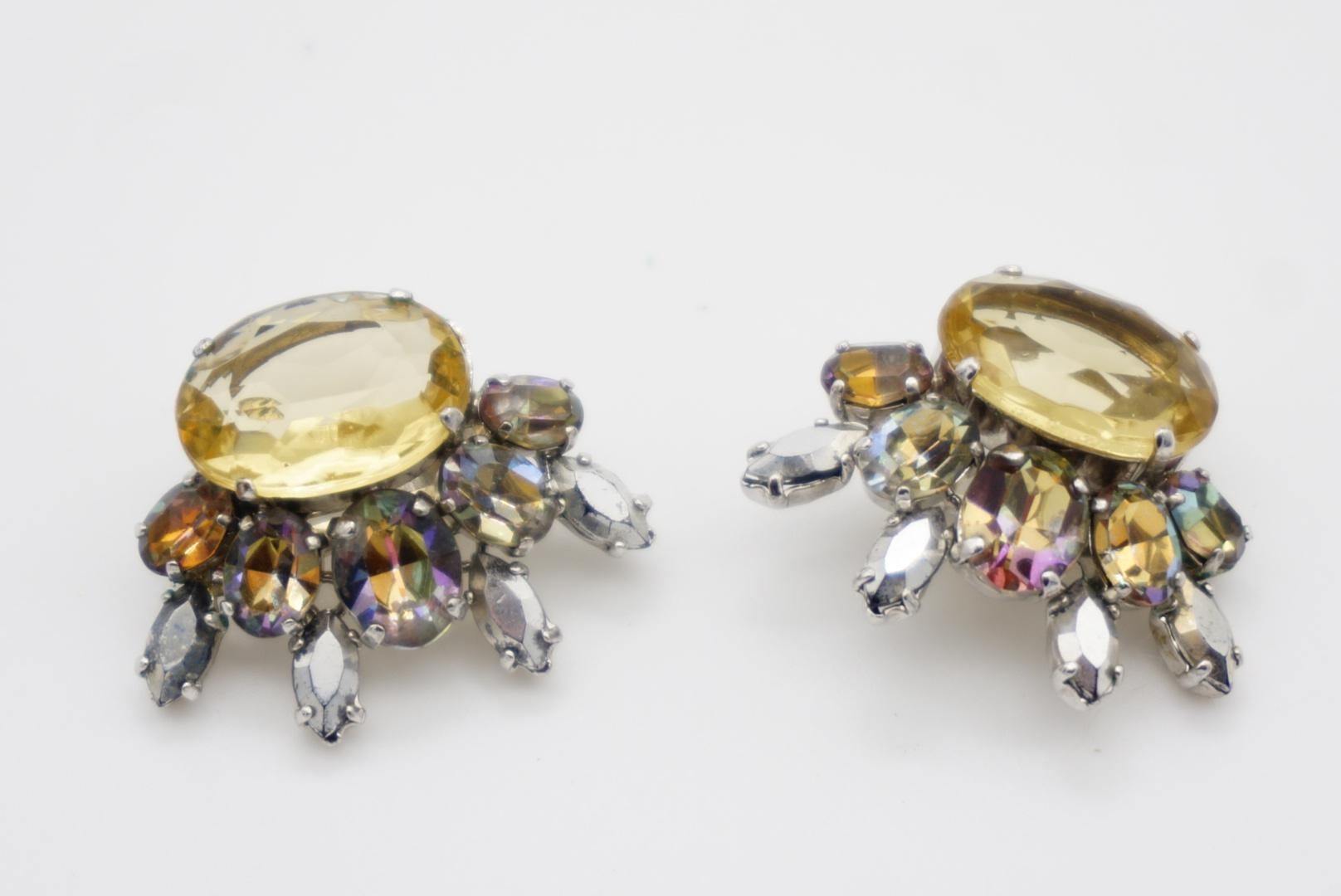 Christian Dior 1958 Floral Wing Iridescent Yellow Crystal Clip Silver Earrings For Sale 5