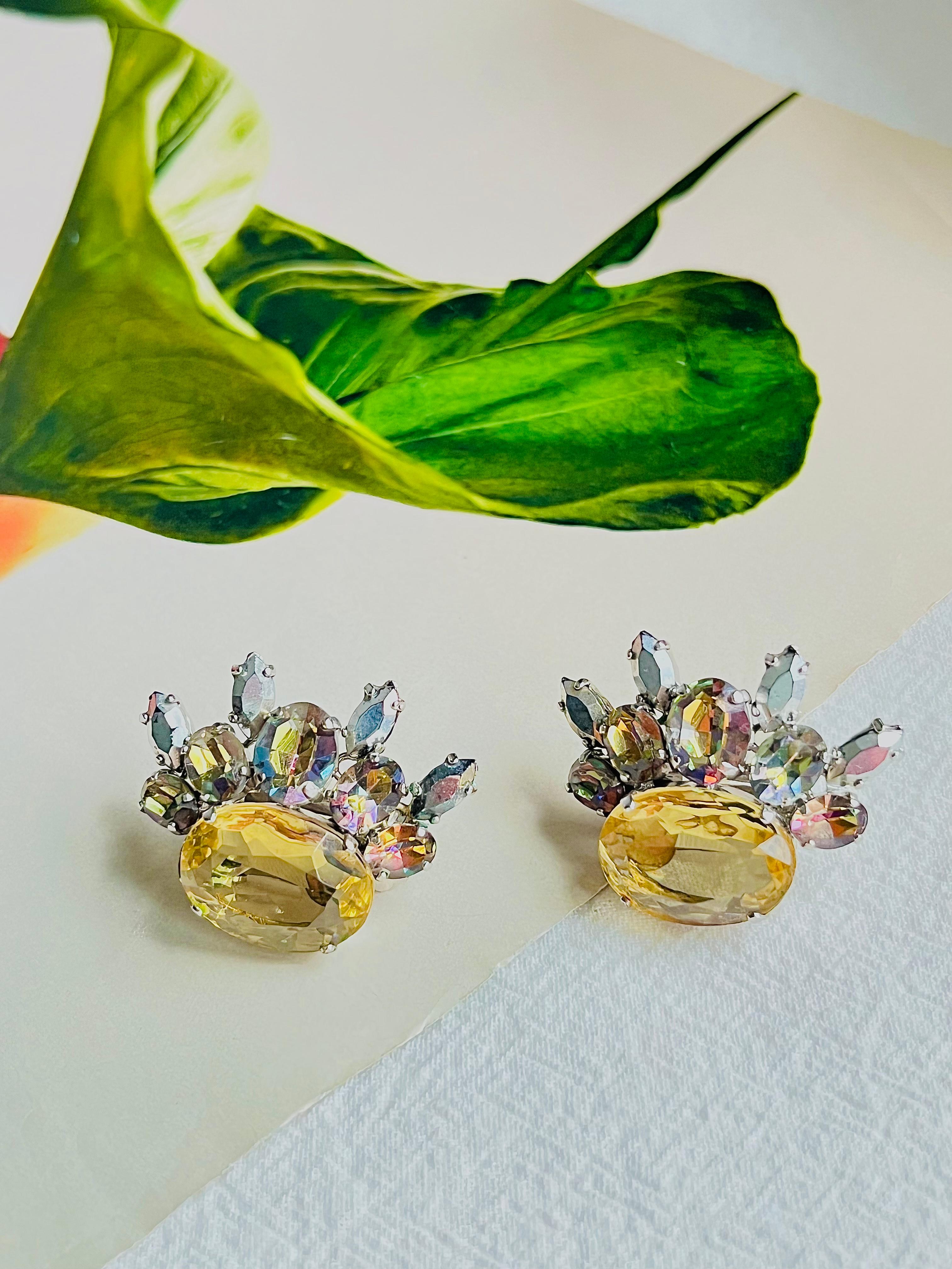 Christian Dior 1958 Vintage Floral Wing Iridescent Yellow Crystal Elegant Clip Earrings, Silver Tone

Très bon état. Légères rayures, à peine perceptibles. 100% authentique. Rare à trouver. 

Une très belle paire de boucles d'oreilles par Chr. Dior,