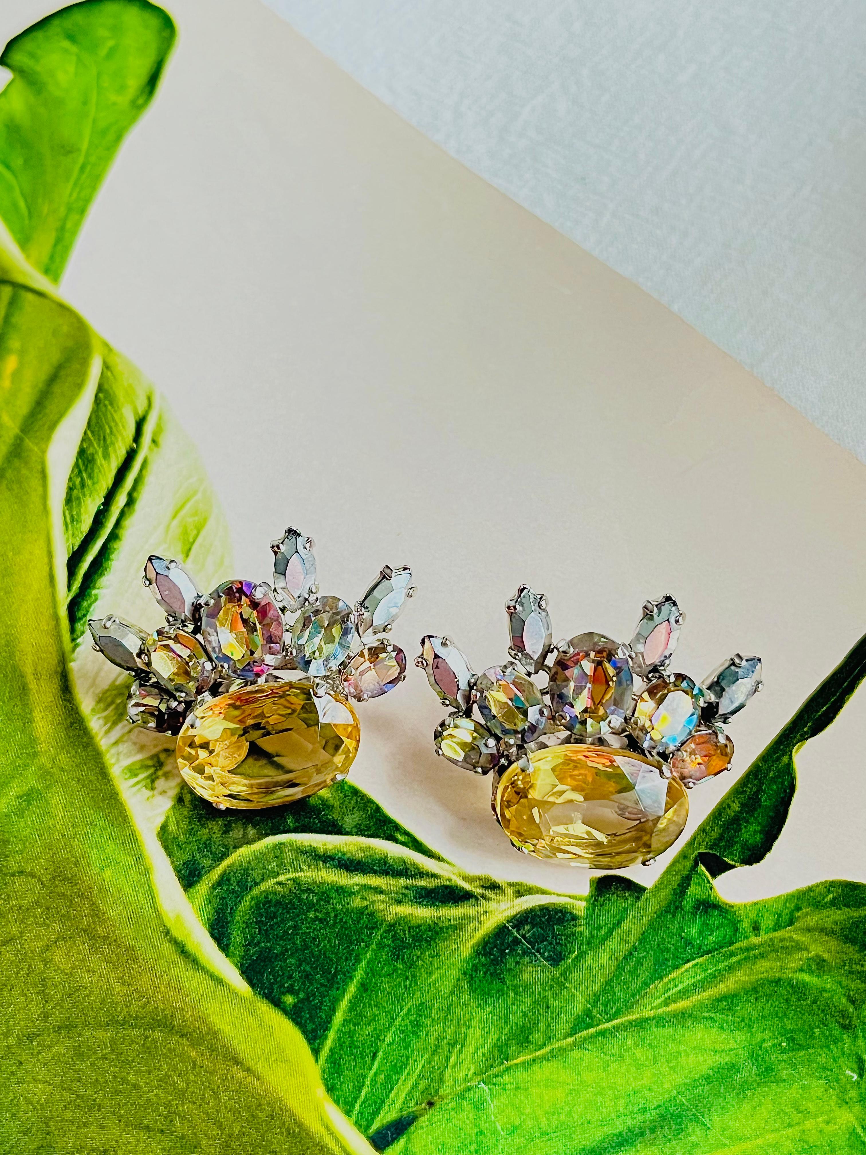 Art Deco Christian Dior 1958 Floral Wing Iridescent Yellow Crystal Clip Silver Earrings For Sale