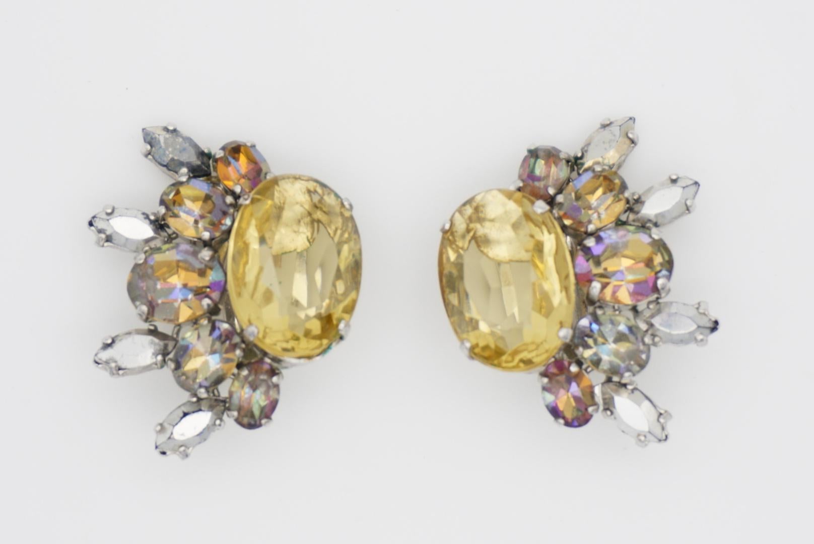 Christian Dior 1958 Floral Wing Iridescent Yellow Crystal Clip Silver Earrings For Sale 3