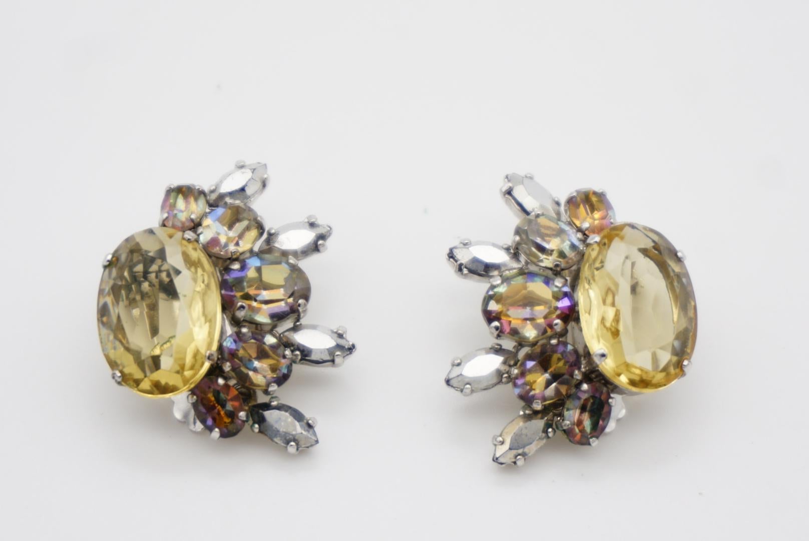 Christian Dior 1958 Floral Wing Iridescent Yellow Crystal Clip Silver Earrings For Sale 4