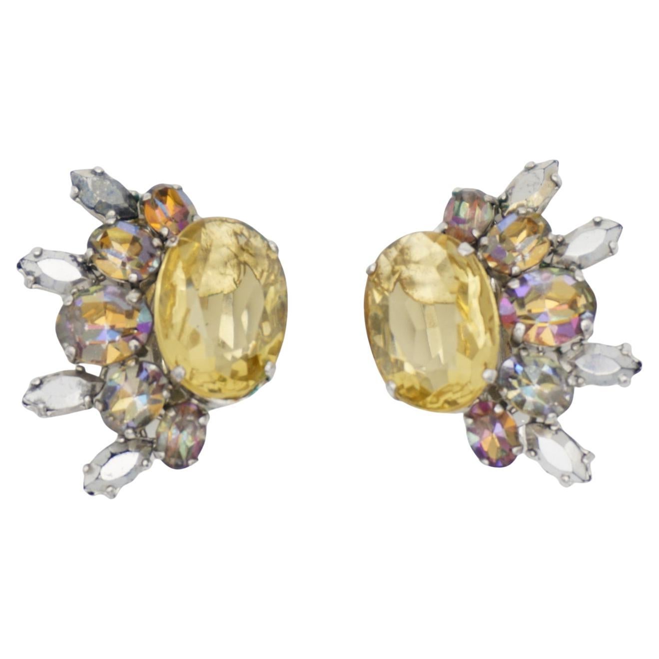 Christian Dior 1958 Floral Wing Iridescent Yellow Crystal Clip Silver Earrings
