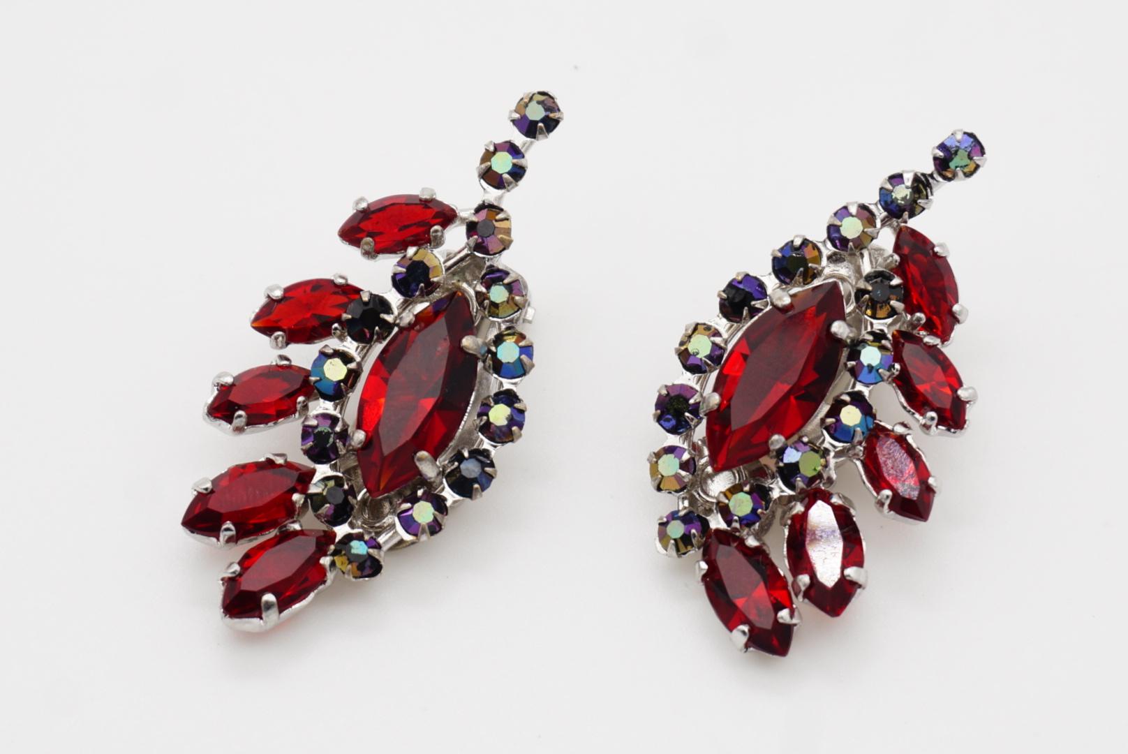 Christian Dior 1958 Iridescent Ruby Crystals Floral Wing Feather Clip Earrings For Sale 5