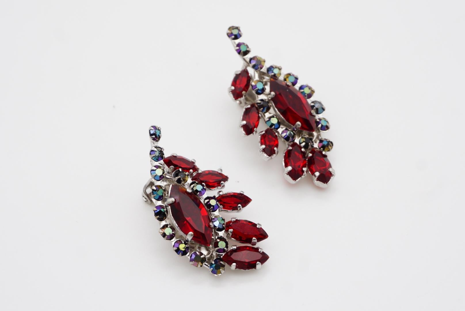 Christian Dior 1958 Iridescent Ruby Crystals Floral Wing Feather Clip Earrings For Sale 6
