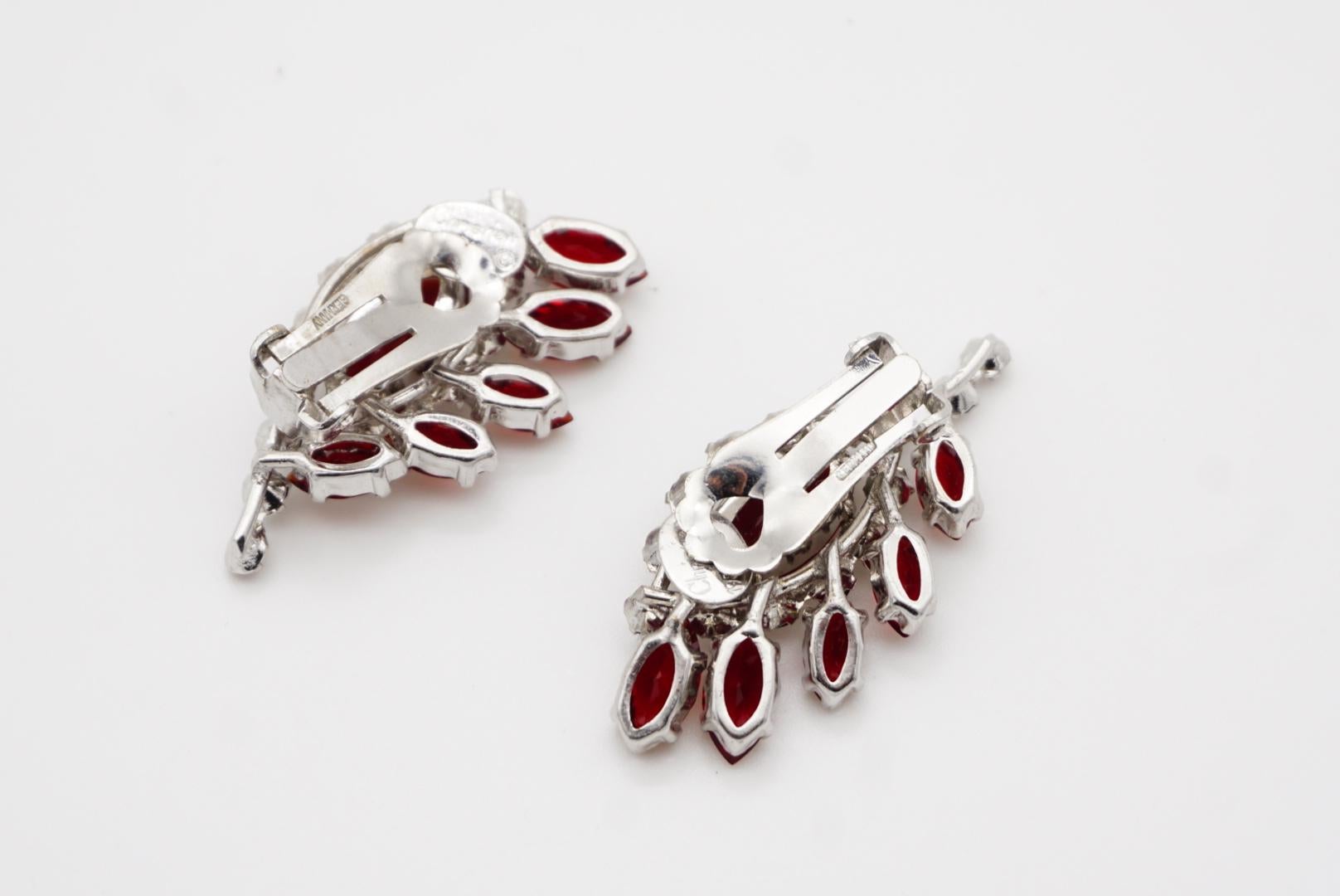 Christian Dior 1958 Iridescent Ruby Crystals Floral Wing Feather Clip Earrings For Sale 7