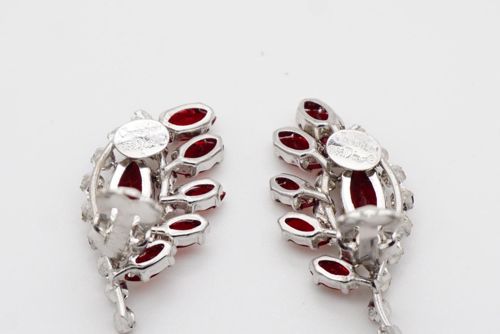 Christian Dior 1958 Iridescent Ruby Crystals Floral Wing Feather Clip Earrings For Sale 8