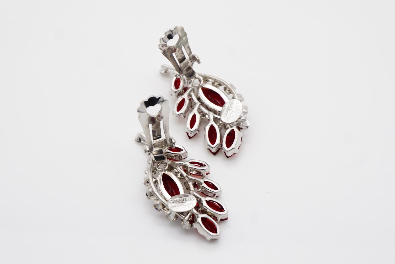Christian Dior 1958 Iridescent Ruby Crystals Floral Wing Feather Clip Earrings For Sale 9