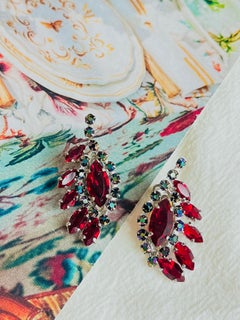 Christian Dior 1958 Iridescent Ruby Crystals Floral Wing Feather Clip Earrings