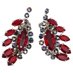 Christian Dior 1958 Iridescent Ruby Crystals Floral Wing Feather Clip Earrings