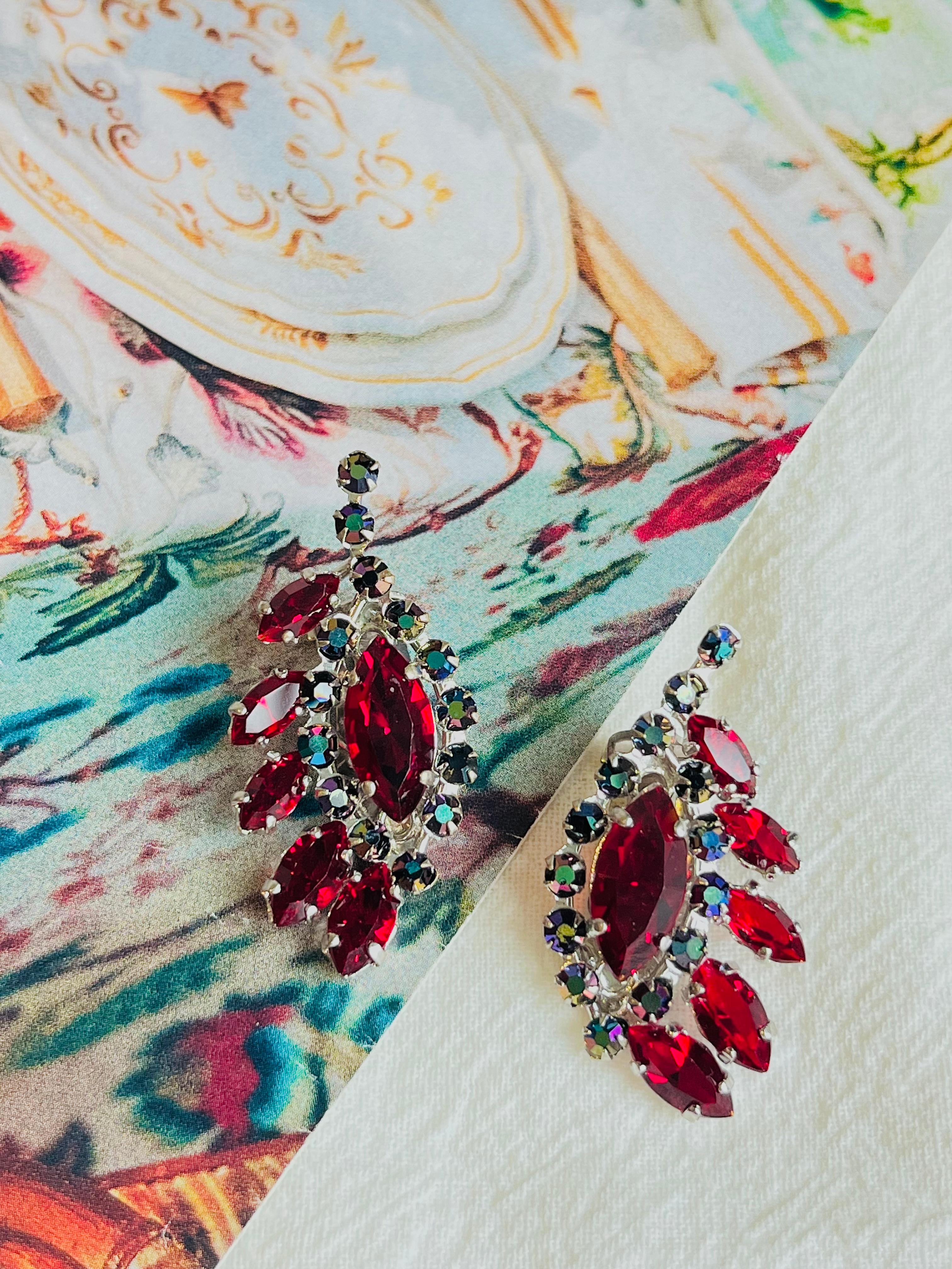 Art Deco Christian Dior 1958 Iridescent Ruby Crystals Floral Wing Feather Clip Earrings For Sale