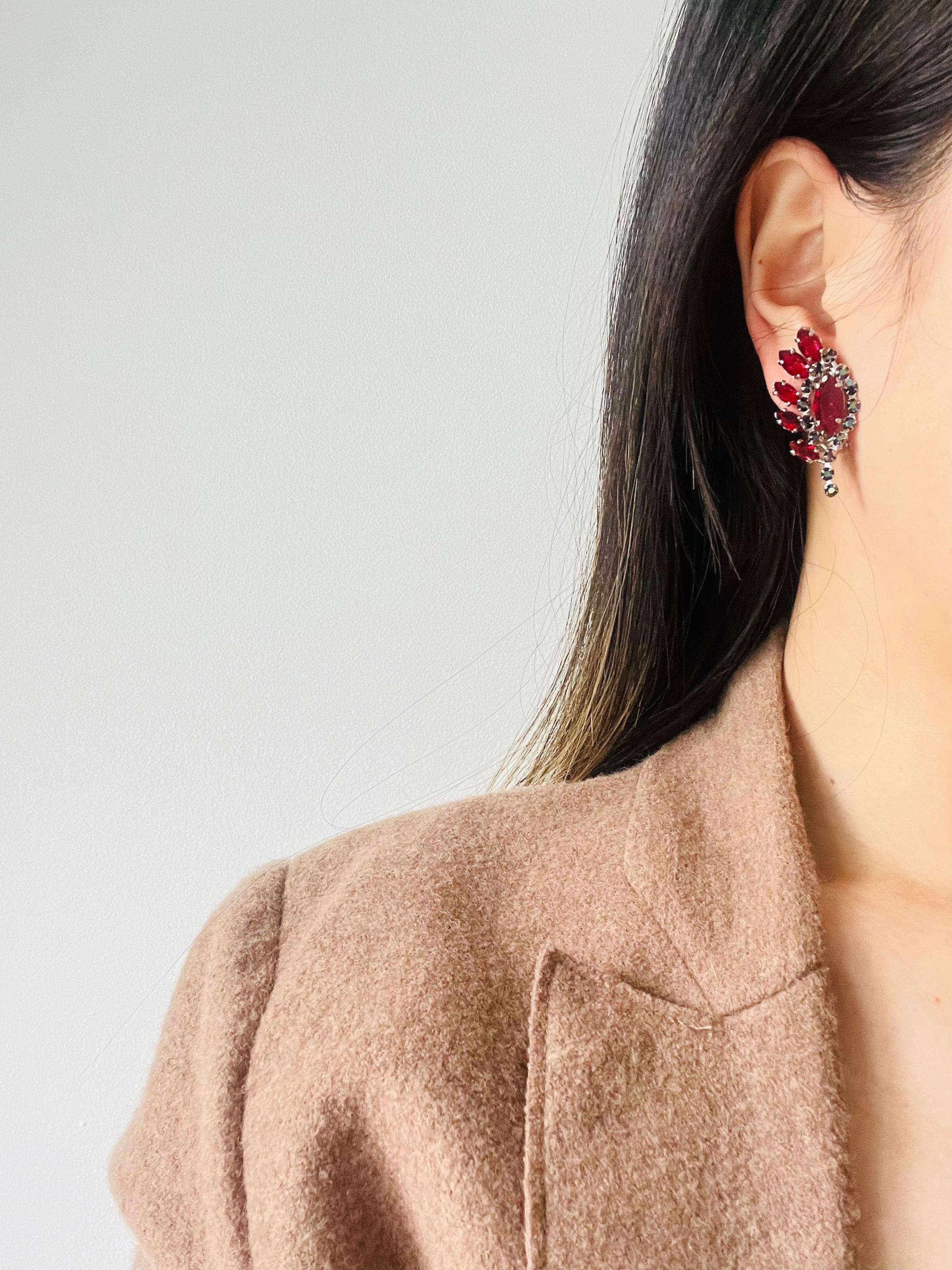 Christian Dior 1958 Iridescent Ruby Crystals Floral Wing Feather Clip Earrings 3