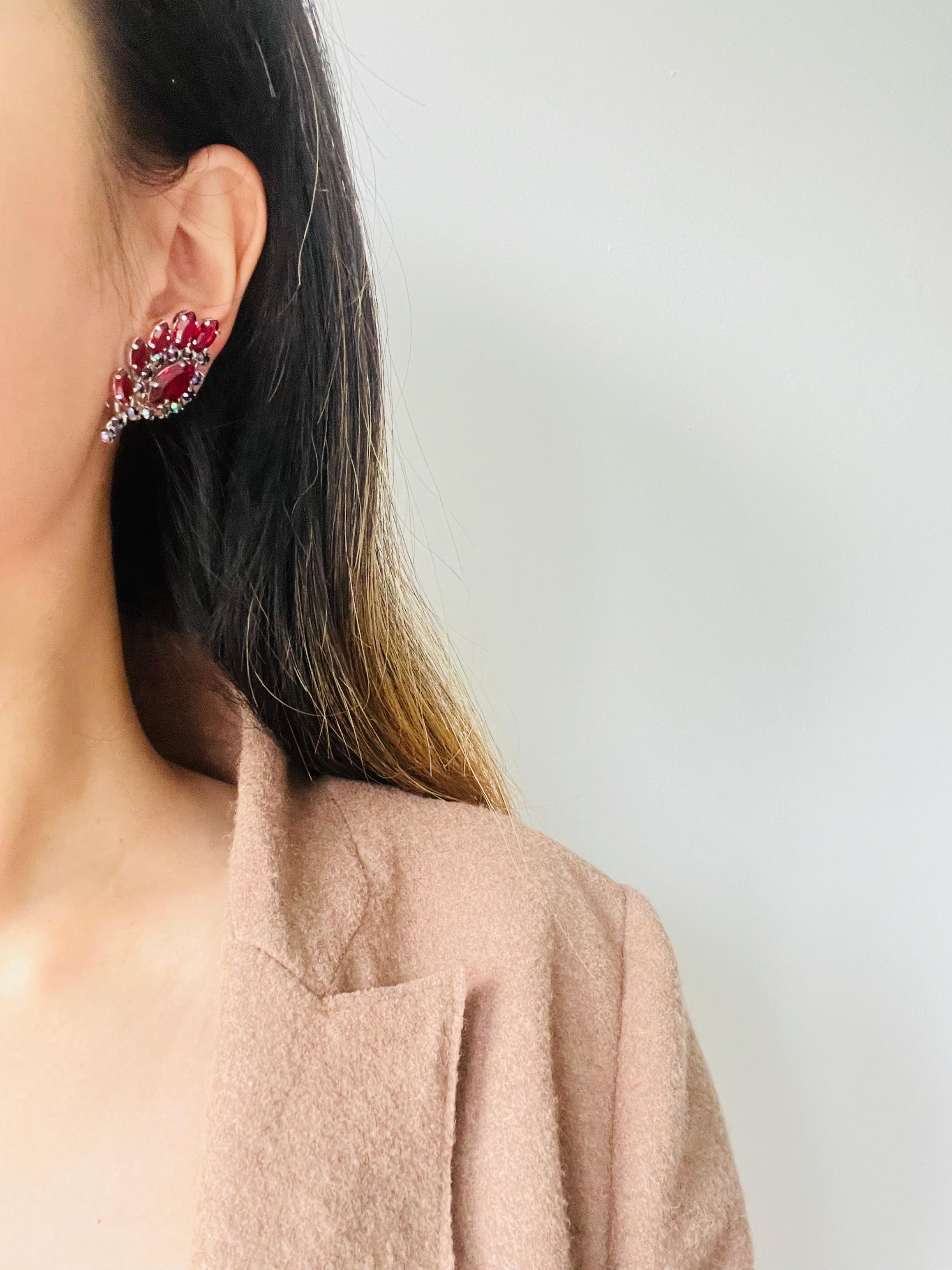 Christian Dior 1958 Iridescent Ruby Crystals Floral Wing Feather Clip Earrings For Sale 3