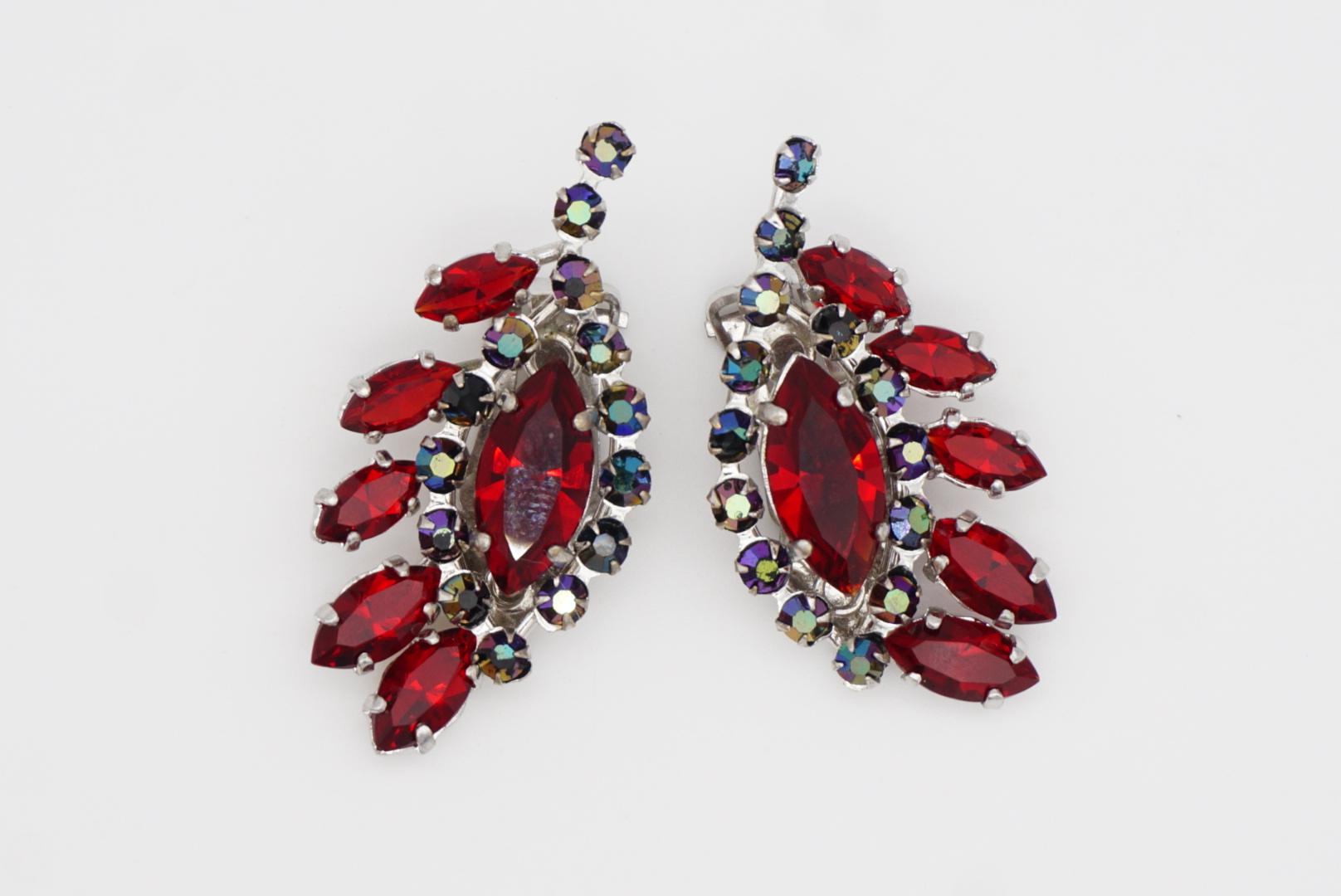 Christian Dior 1958 Iridescent Ruby Crystals Floral Wing Feather Clip Earrings 4
