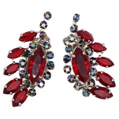 Vintage Christian Dior 1958 Iridescent Ruby Crystals Floral Wing Feather Clip Earrings