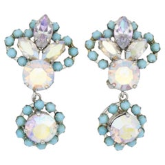 Christian Dior 1958 Turquoise Crystals Flower Iridescent Aurora Drop Earrings