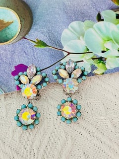 Christian Dior 1958 Turquoise Crystals Iridescent Aurora Flower Drop Earrings
