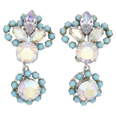 Christian Dior 1958 Turquoise Crystals Iridescent Aurora Flower Drop Earrings