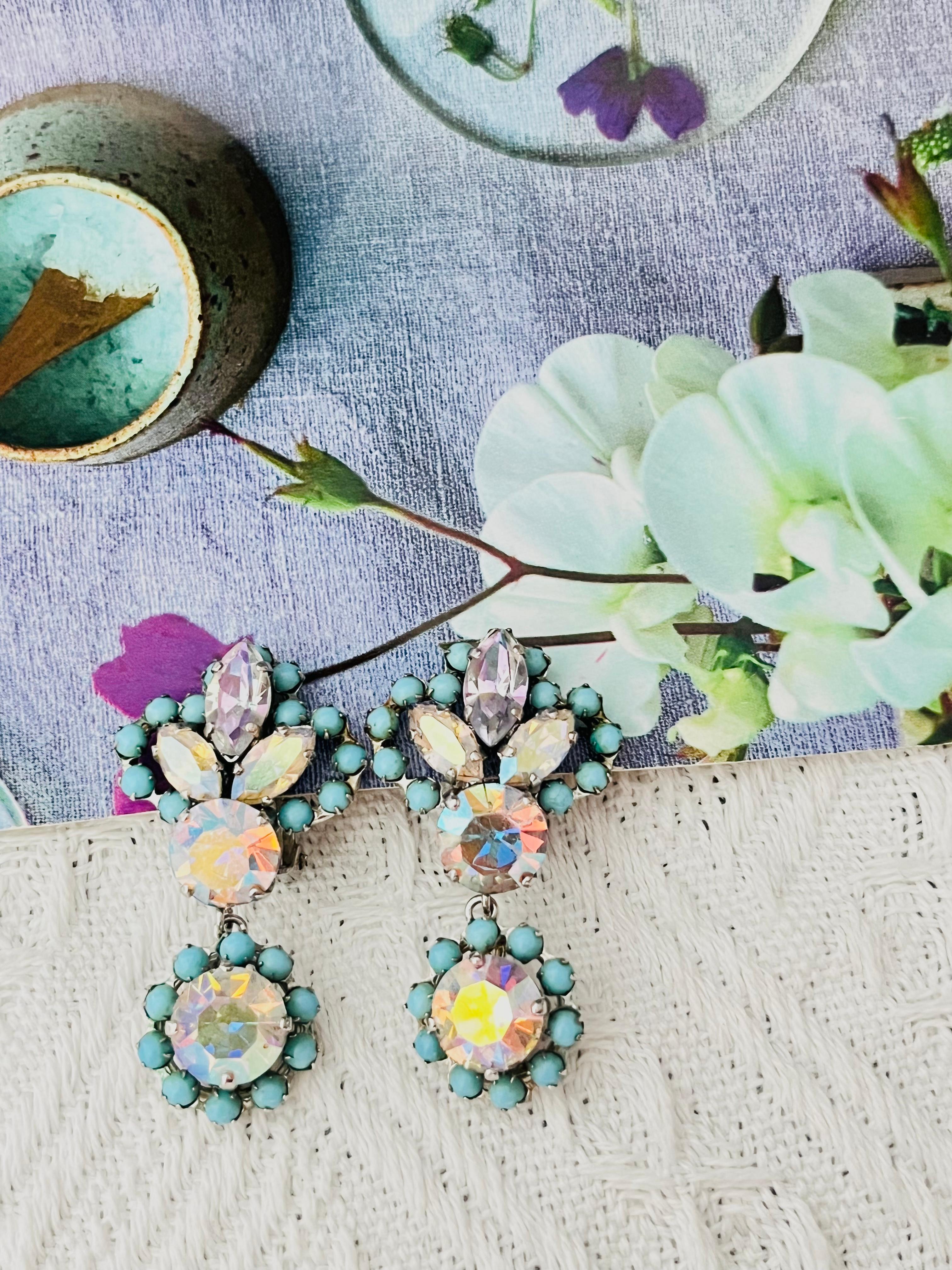 Art Deco Christian Dior 1958 Turquoise Crystals Iridescent Aurora Flower Drop Earrings