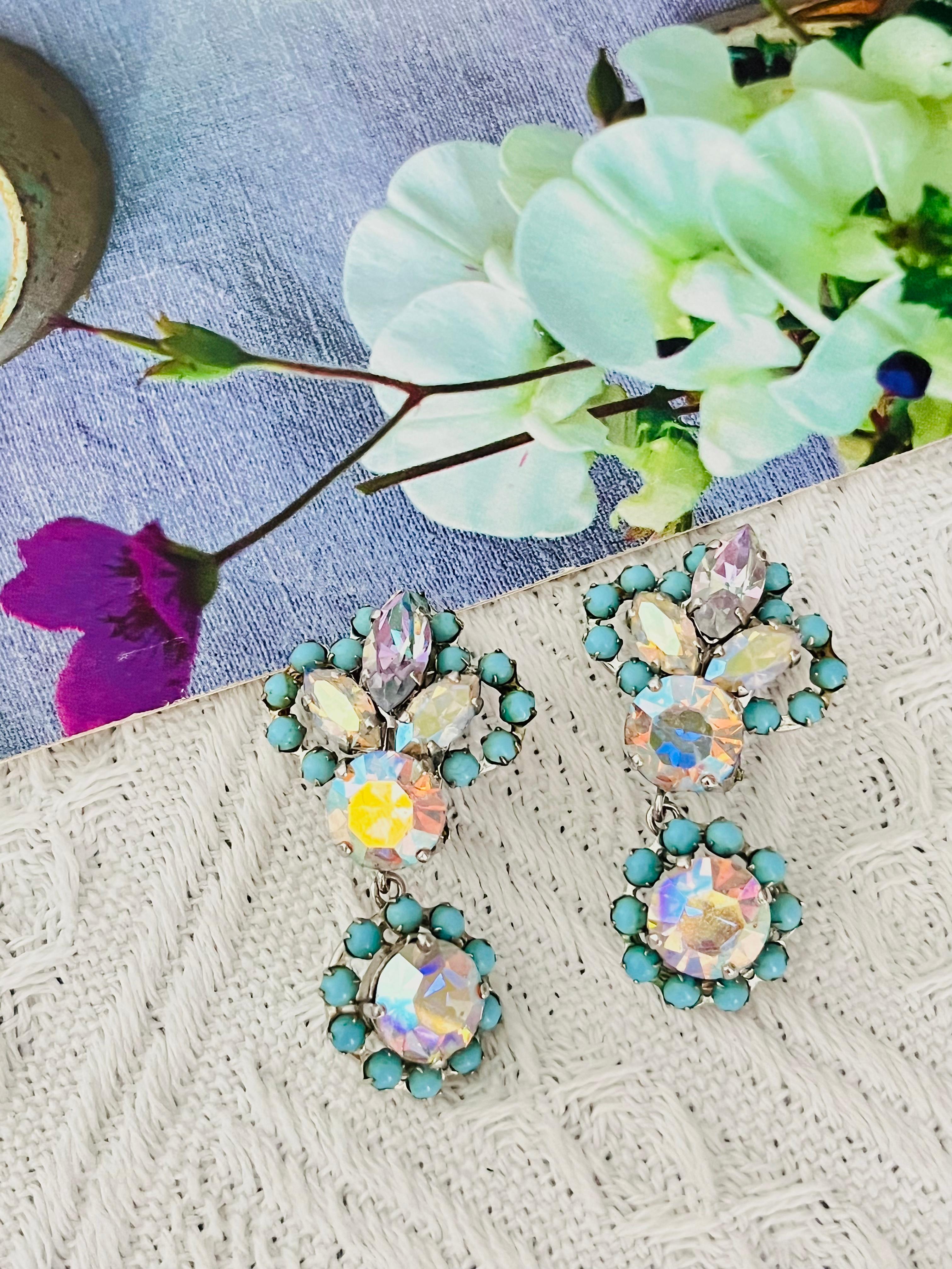 Christian Dior 1958 Turquoise Crystals Iridescent Aurora Flower Drop Earrings In Good Condition In Wokingham, England