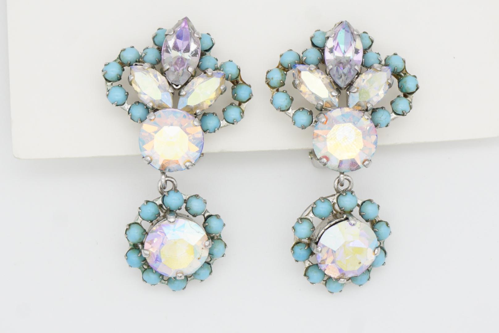 Christian Dior 1958 Turquoise Crystals Iridescent Aurora Flower Drop Earrings 3