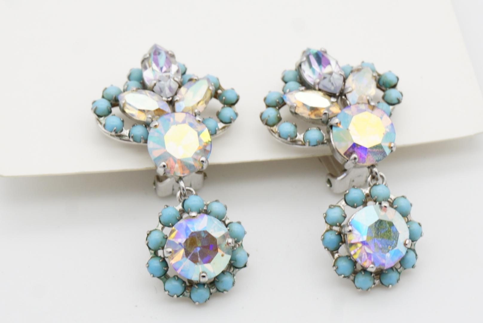 Christian Dior 1958 Turquoise Crystals Iridescent Aurora Flower Drop Earrings 4