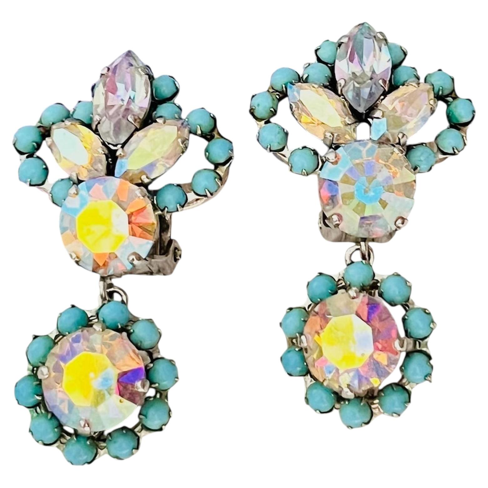 Christian Dior 1958 Vintage Rare Blue Turquoise Aqua Clear Marquise Earrings For Sale