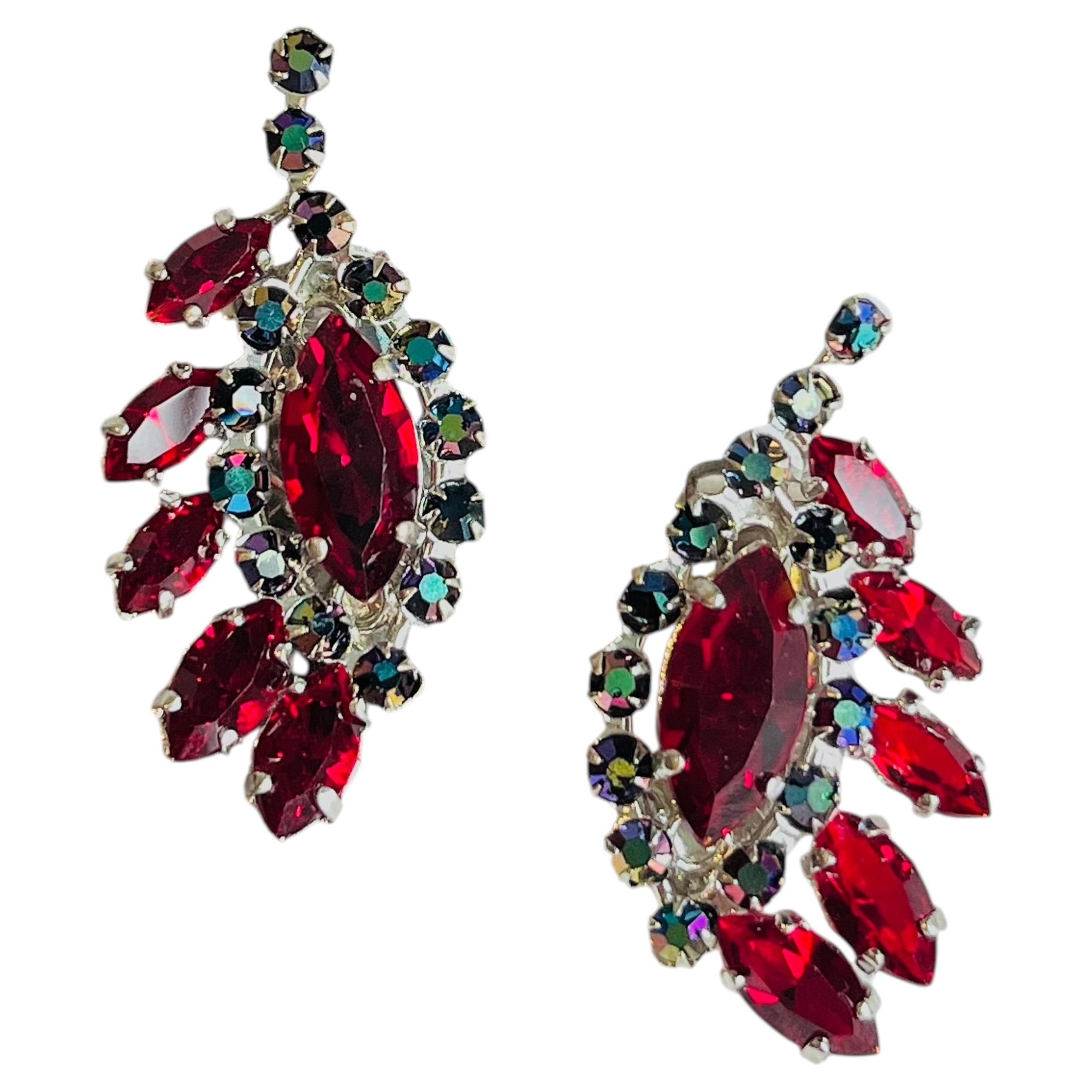 Christian Dior 1958 Vintage Rare Iridescent Red Ruby Marquise Earrings For Sale