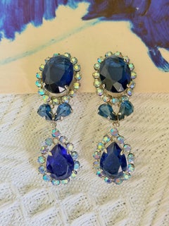Christian Dior 1958 Vintage Rare Sapphire Blue Water Drop Oval Earrings
