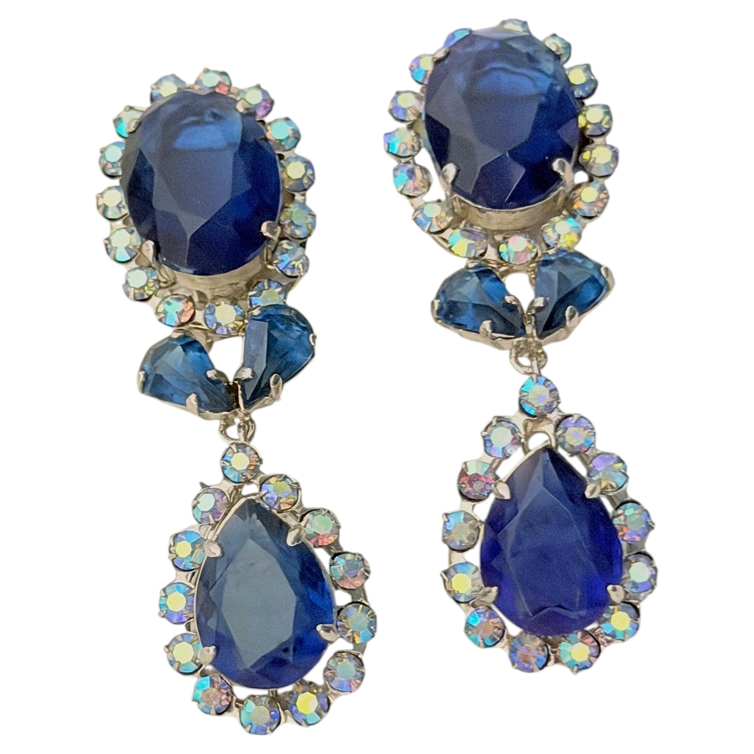 Christian Dior 1958 Vintage Rare Sapphire Blue Water Drop Oval Earrings