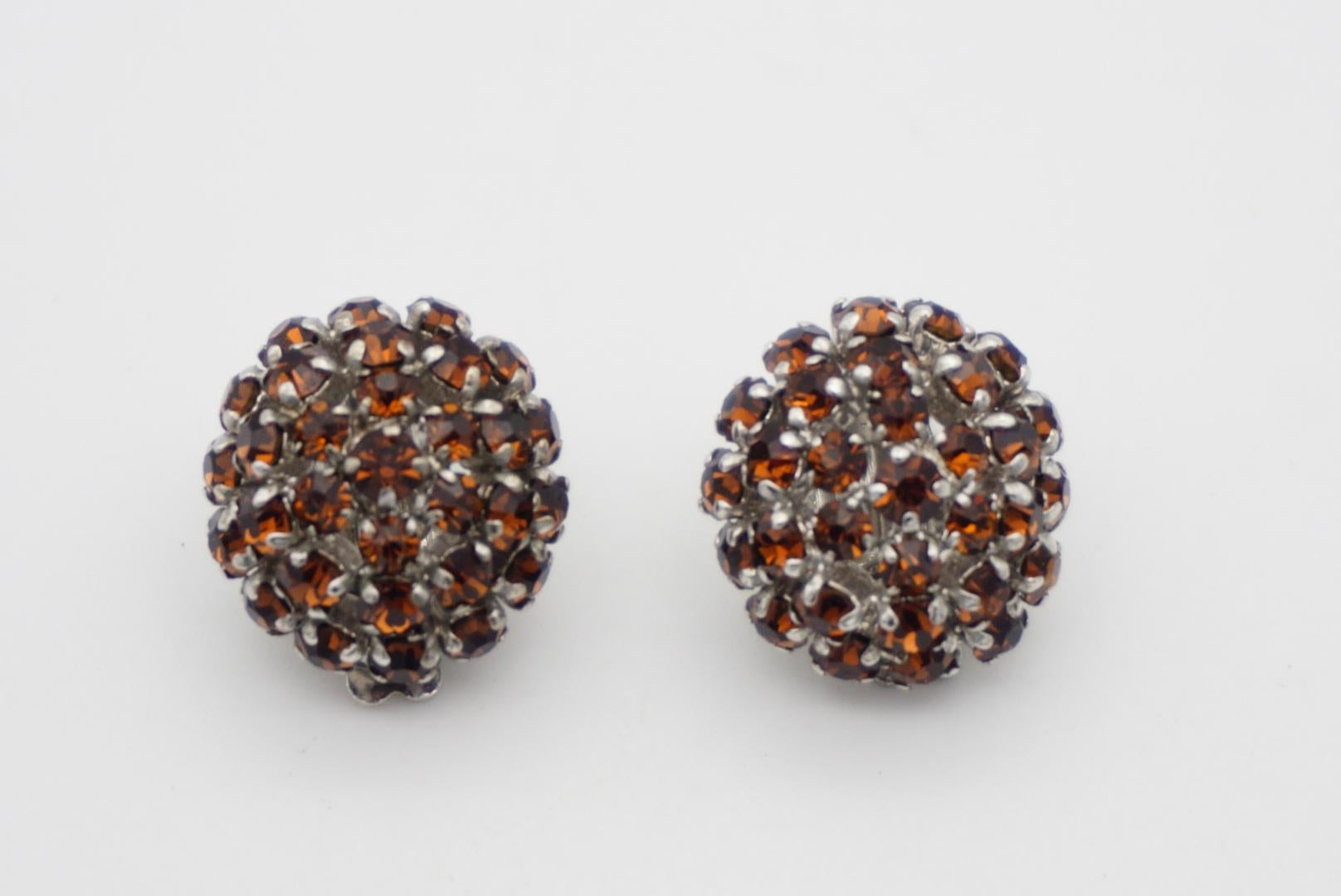 Christian Dior 1960 Amber Shining Crystals Round Cluster Silver Clip Earrings  For Sale 2
